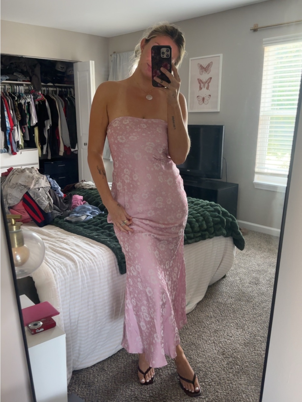 Strapless Pink Floral Midi Dress